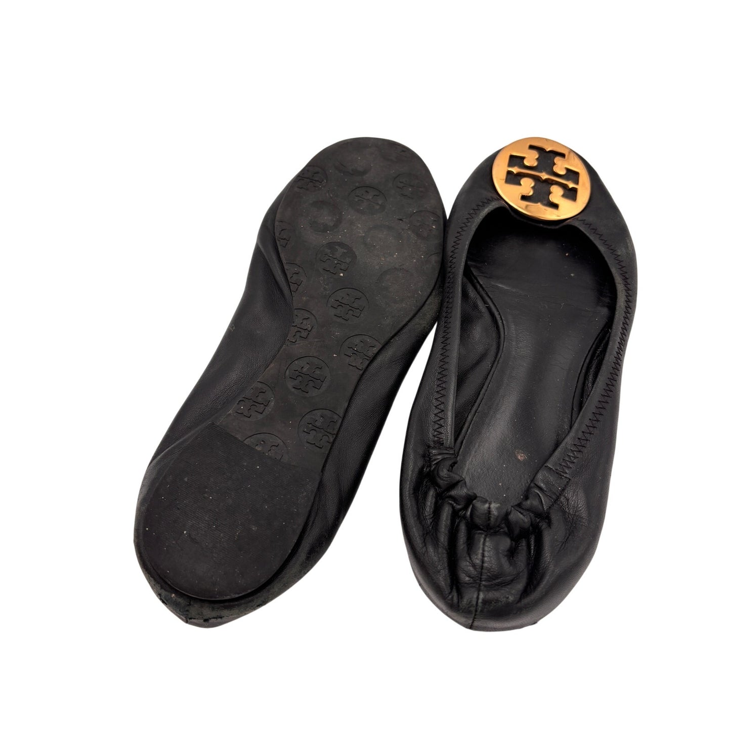 Tory Burch Reva Black Leather Flats With Gold Emblem Size 9