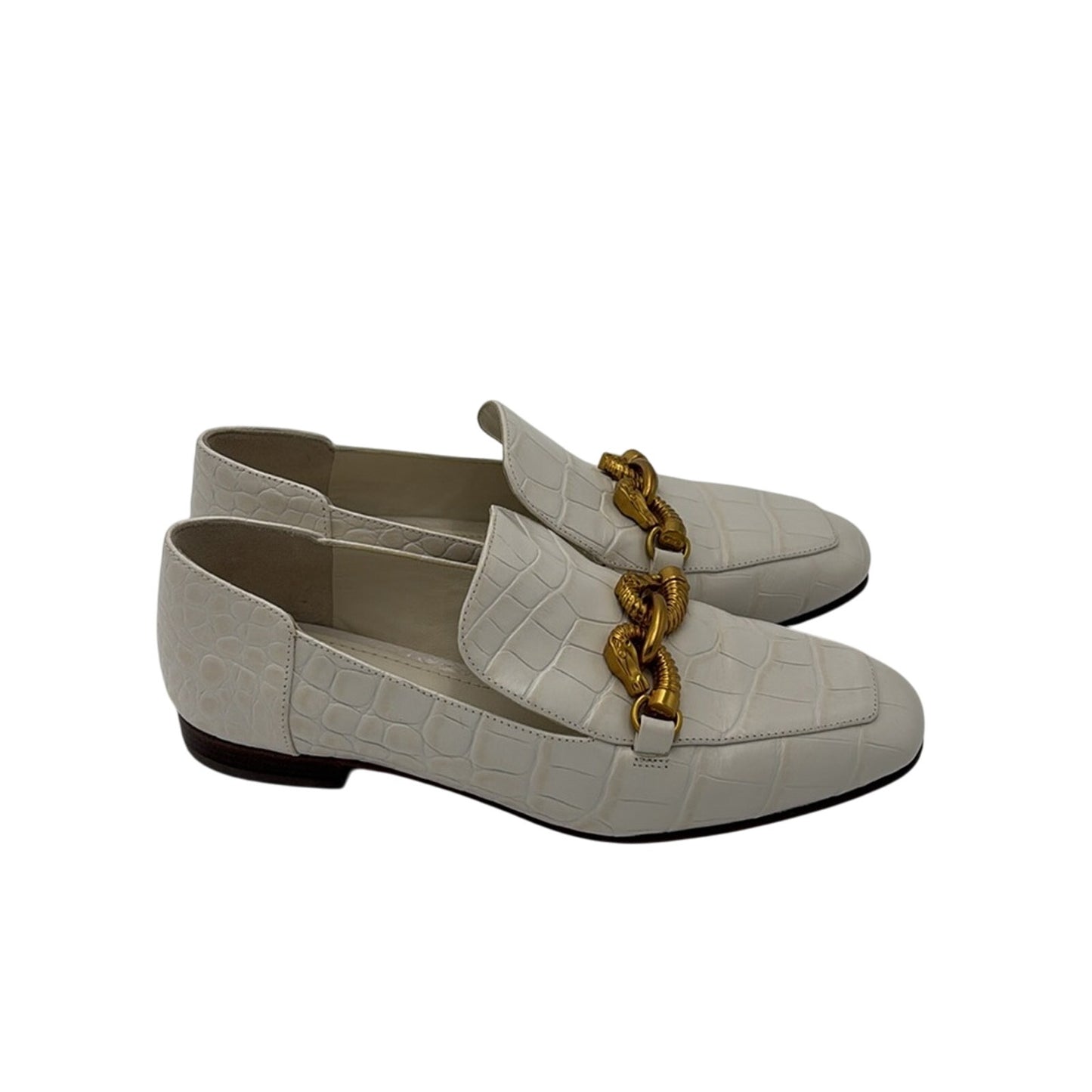 Tory Burch Jessa White Croc Embossed Elegant White Loafers with Gold Chain 5.5