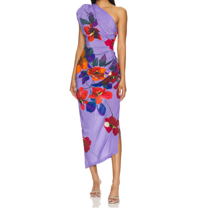 SMYTHE Poppy Print One-shoulder Asymmetric Dress Size 0 MSRP $695