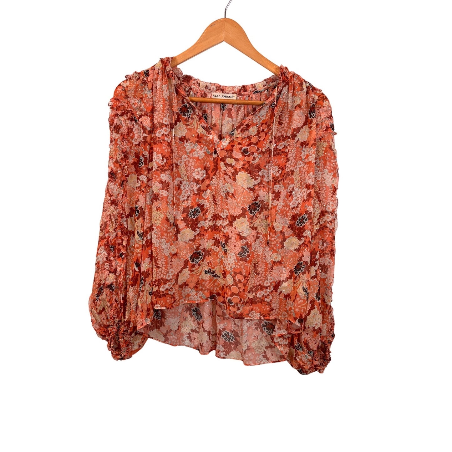 Ulla Johnson Adela Floral Silk Semi Sheer Balloon Sleeve Tasseled Top Women 2