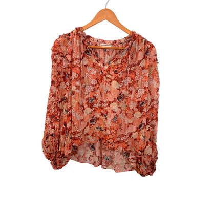 Ulla Johnson Adela Floral Silk Semi Sheer Balloon Sleeve Tasseled Top Women 2