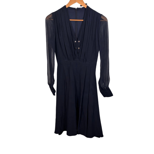 Altuzarra Silk Long Sleeve V-Neck Dress Navy Blue Size 34 Tailored Waist