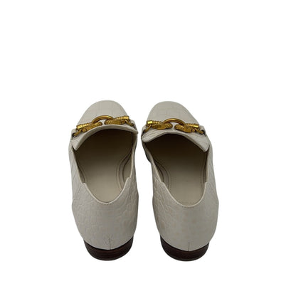 Tory Burch Jessa White Croc Embossed Elegant White Loafers with Gold Chain 5.5