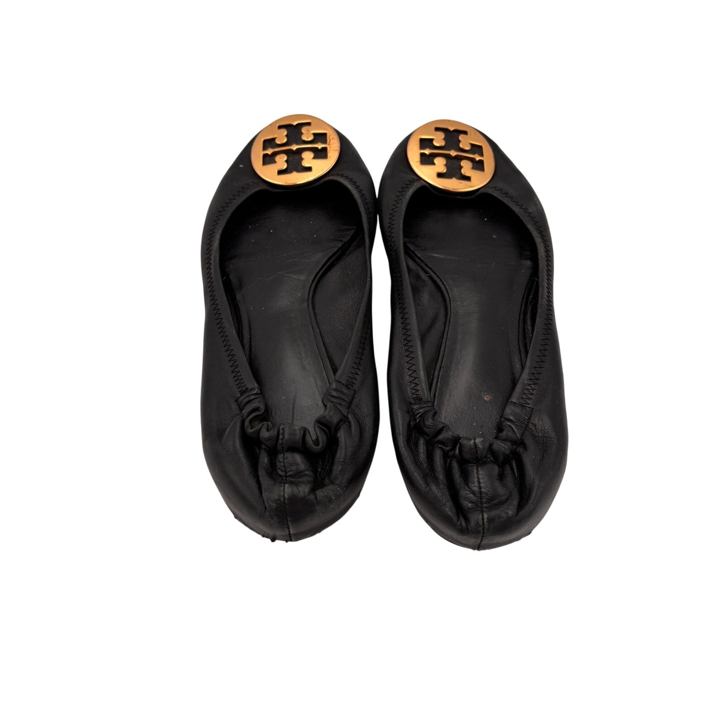 Tory Burch Reva Black Leather Flats With Gold Emblem Size 9