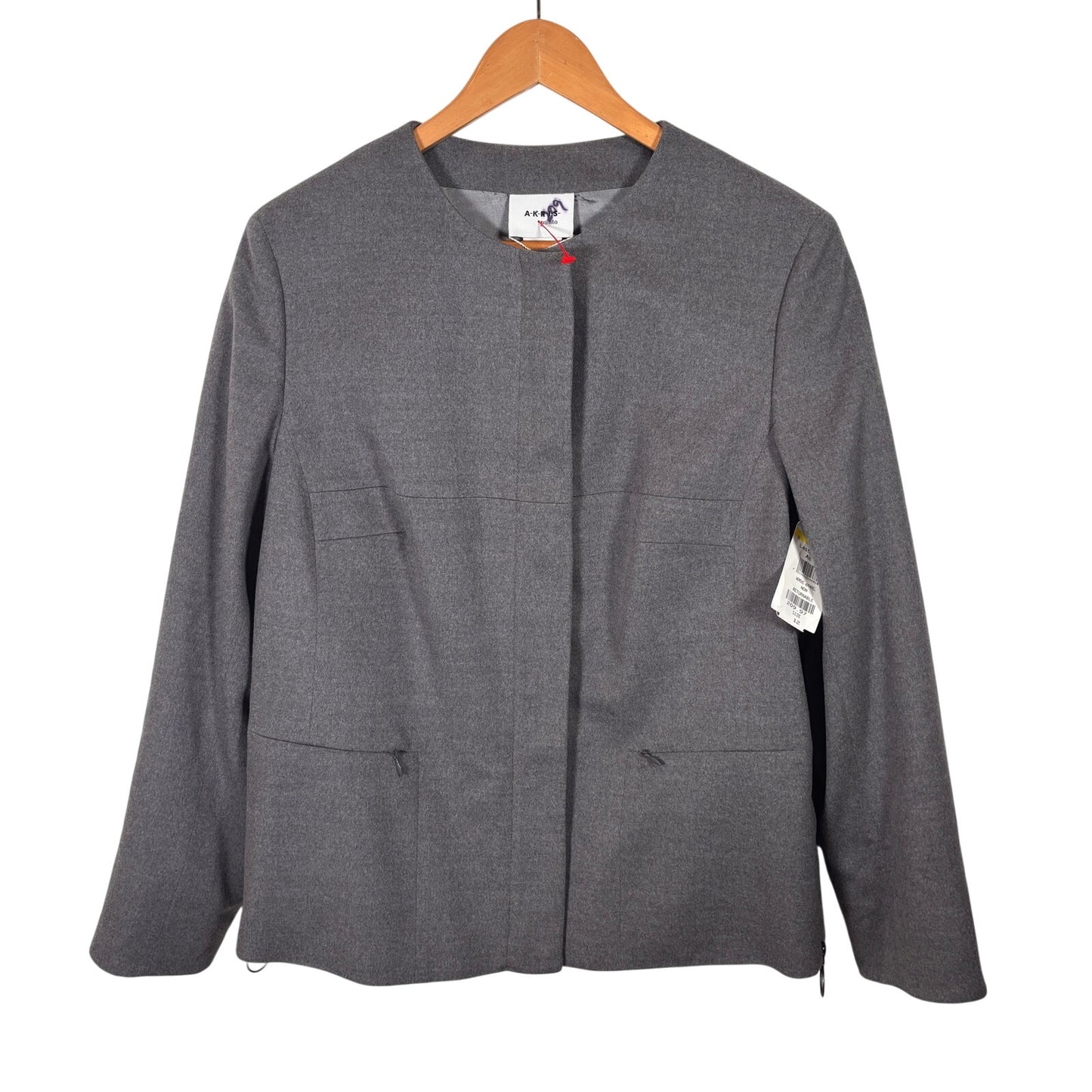 NWOT Akris Punto Grey Collarless Full Zip Wool Jacket Size 12