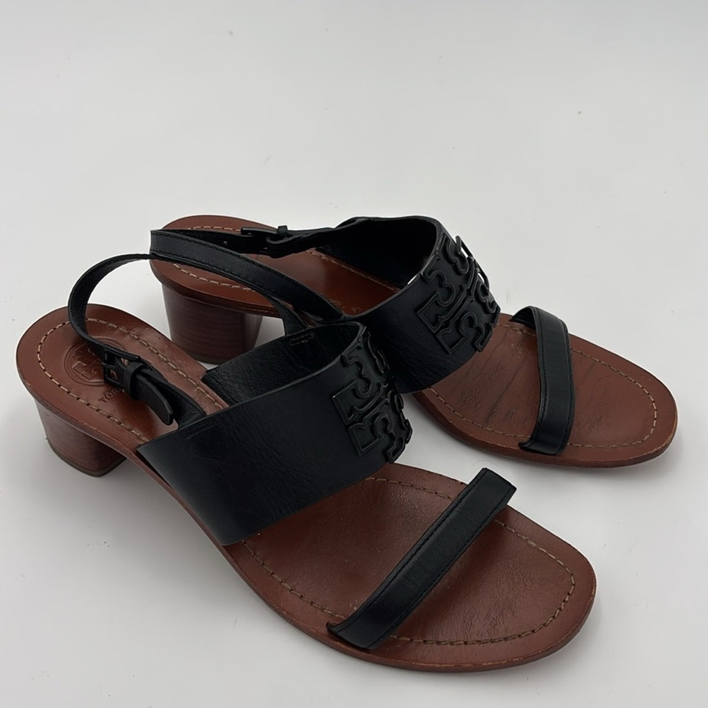 Tory Burch Lowell 2 45mm Black Leather Sandals Block Heels 9.5