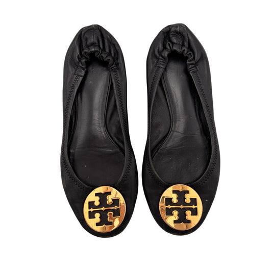 Tory Burch Reva Black Leather Flats With Gold Emblem Size 9
