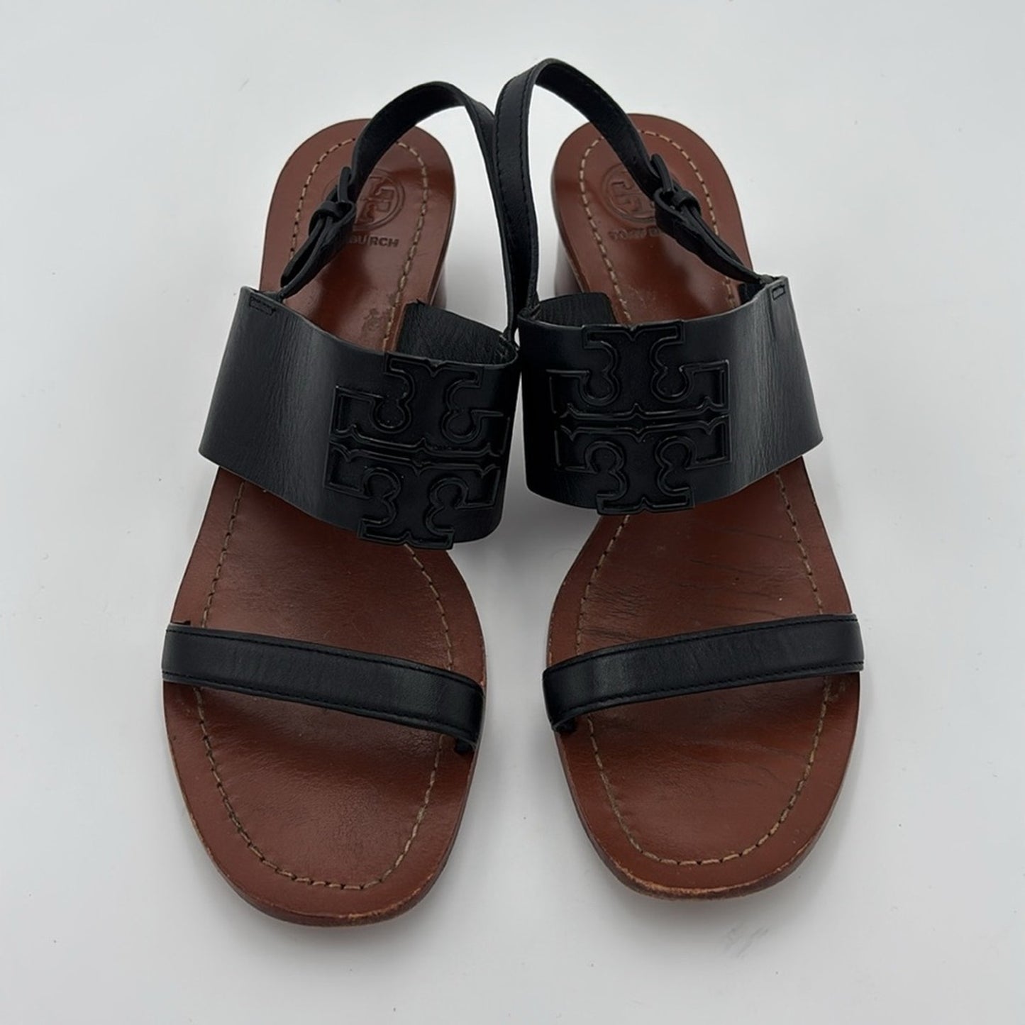 Tory Burch Lowell 2 45mm Black Leather Sandals Block Heels 9.5