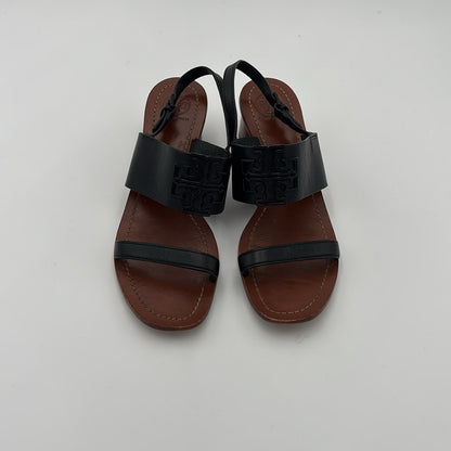 Tory Burch Lowell 2 45mm Black Leather Sandals Block Heels 9.5
