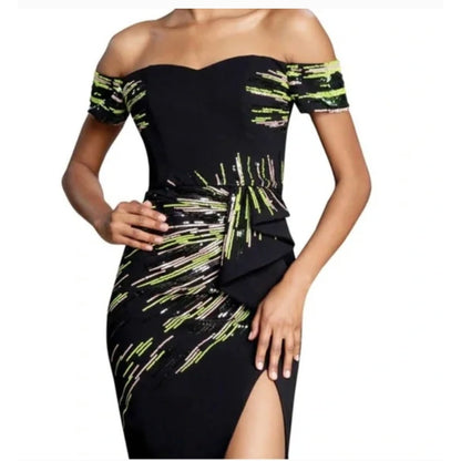 NEW Dress The Population Alani Sheath Sequin Gown Dress Off The Shoulder Small