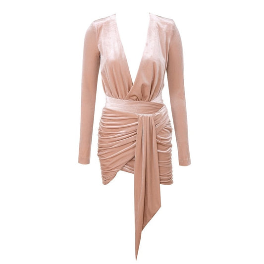 House Of CB London Farrah Mini Dress Pink Velour Velvet V Cut Long Sleeve Medium