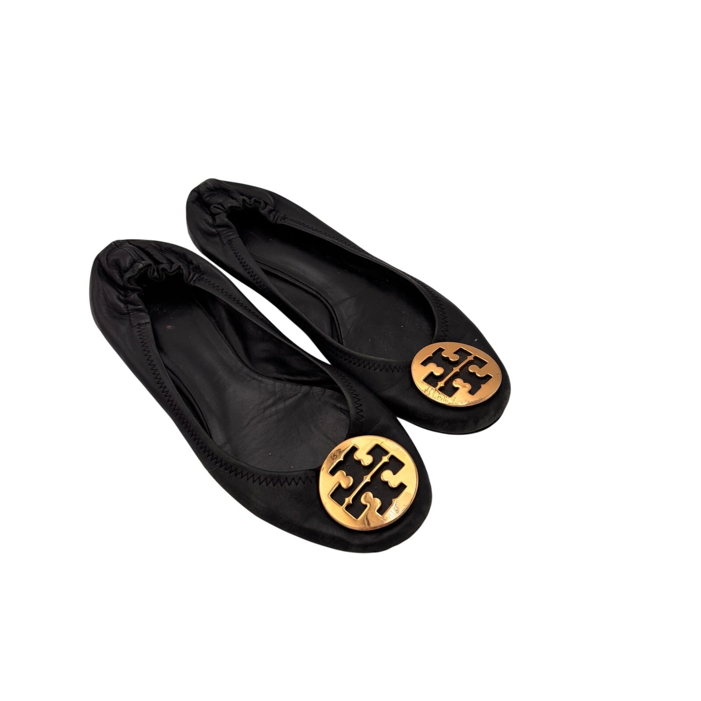 Tory Burch Reva Black Leather Flats With Gold Emblem Size 9