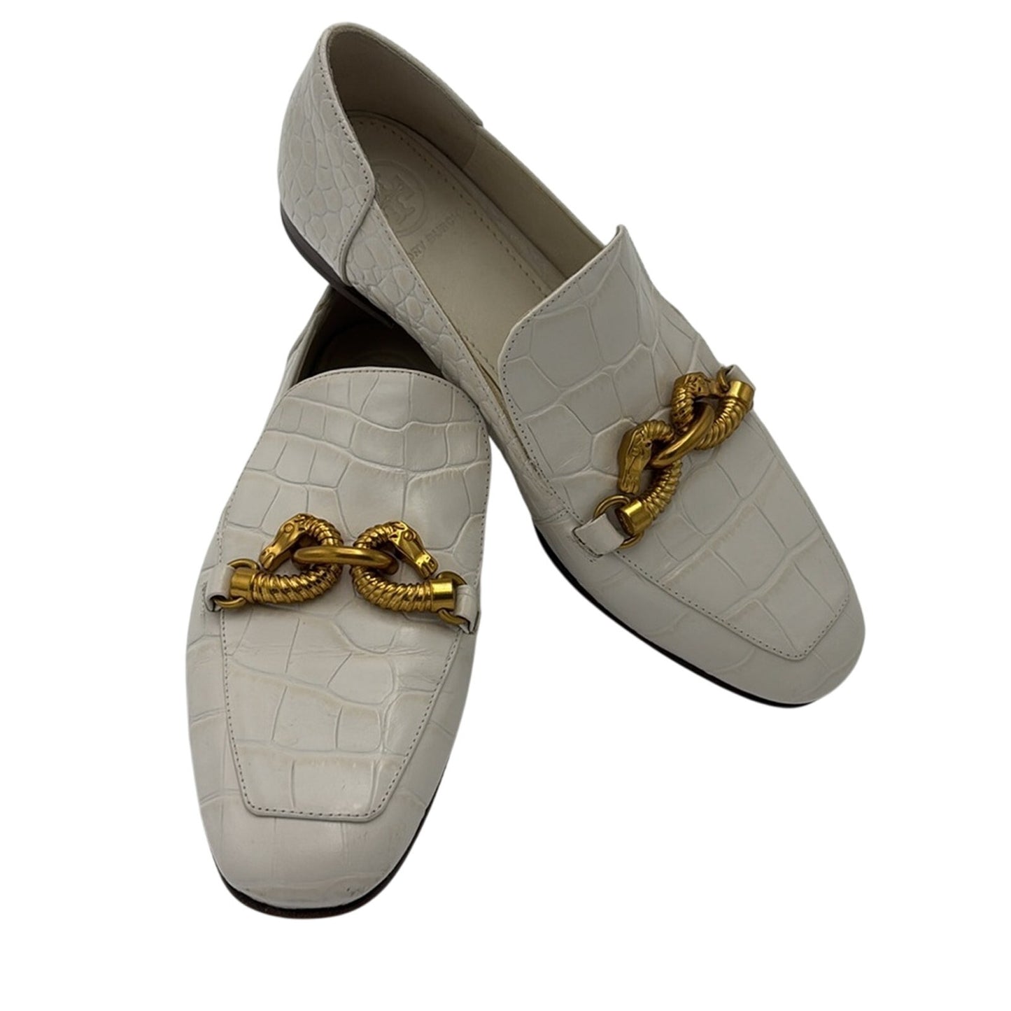 Tory Burch Jessa White Croc Embossed Elegant White Loafers with Gold Chain 5.5