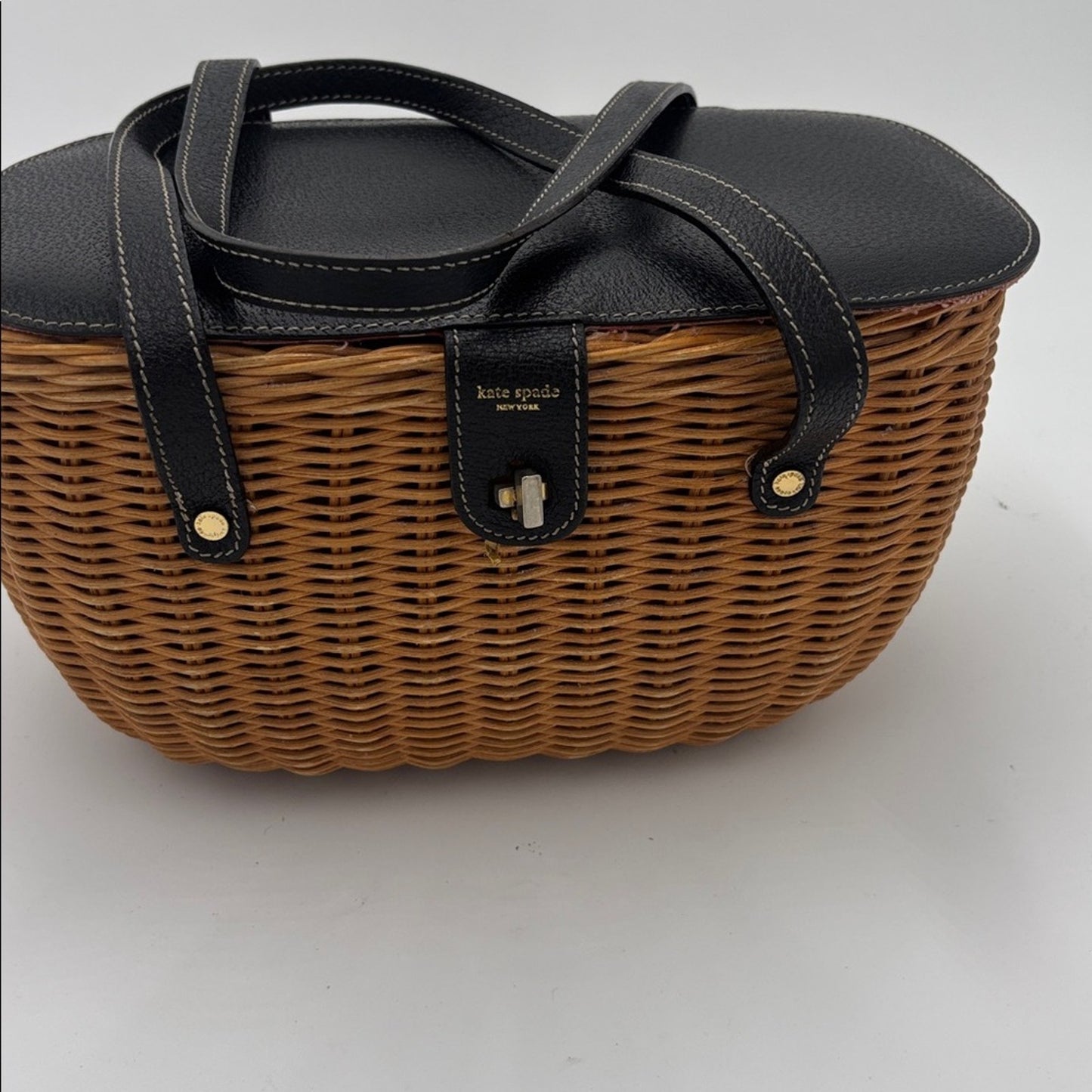 Kate Spade Black and Brown Raffia Henley Wicker Shoulder Bag