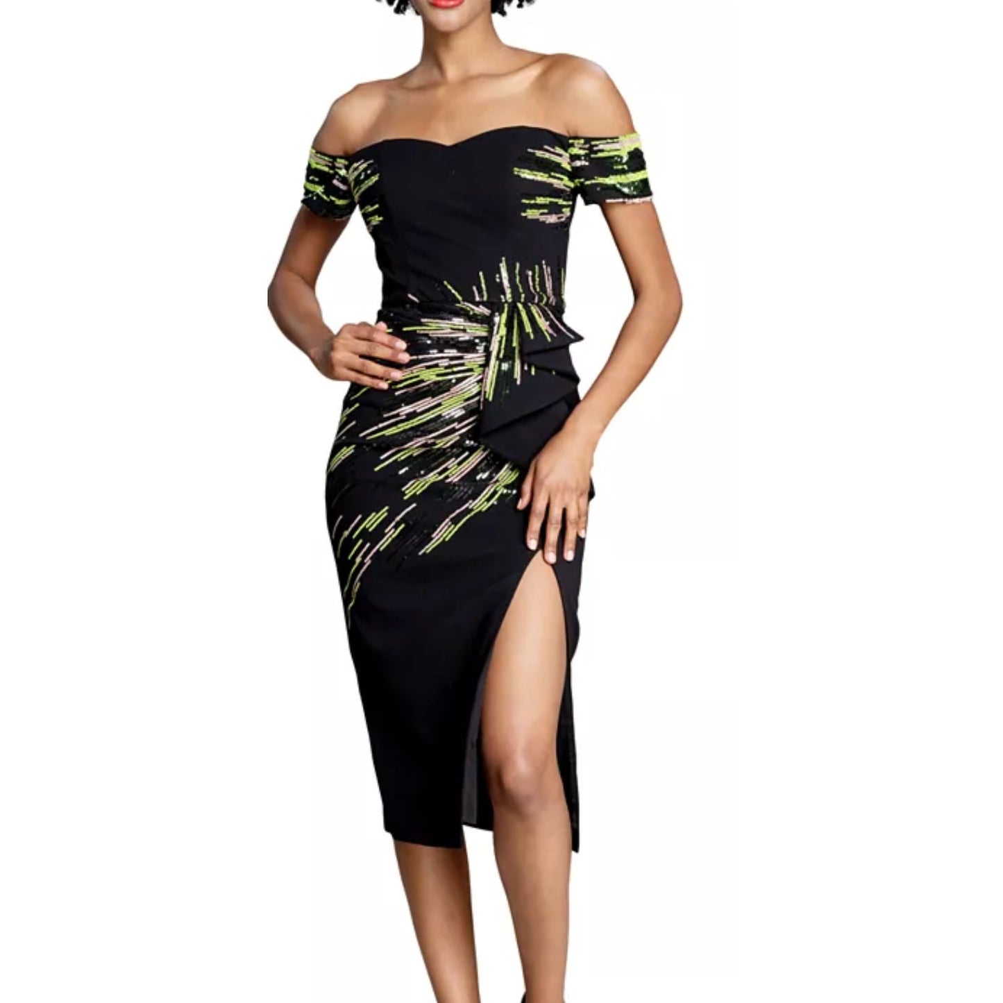 NEW Dress The Population Alani Sheath Sequin Gown Dress Off The Shoulder Small