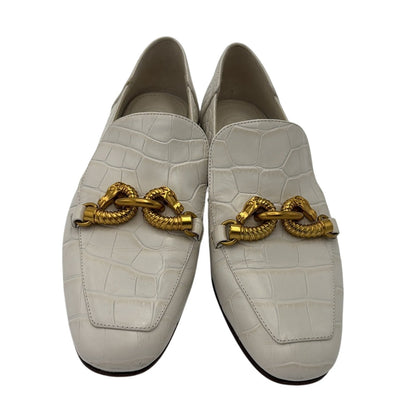 Tory Burch Jessa White Croc Embossed Elegant White Loafers with Gold Chain 5.5