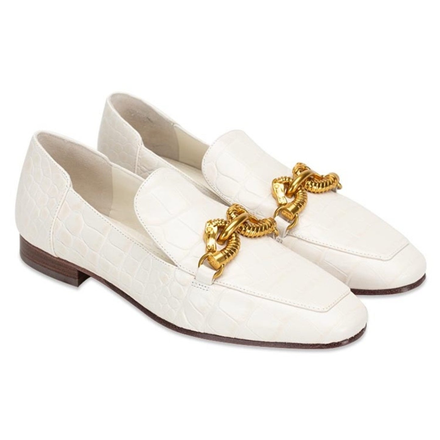 Tory Burch Jessa White Croc Embossed Elegant White Loafers with Gold Chain 5.5