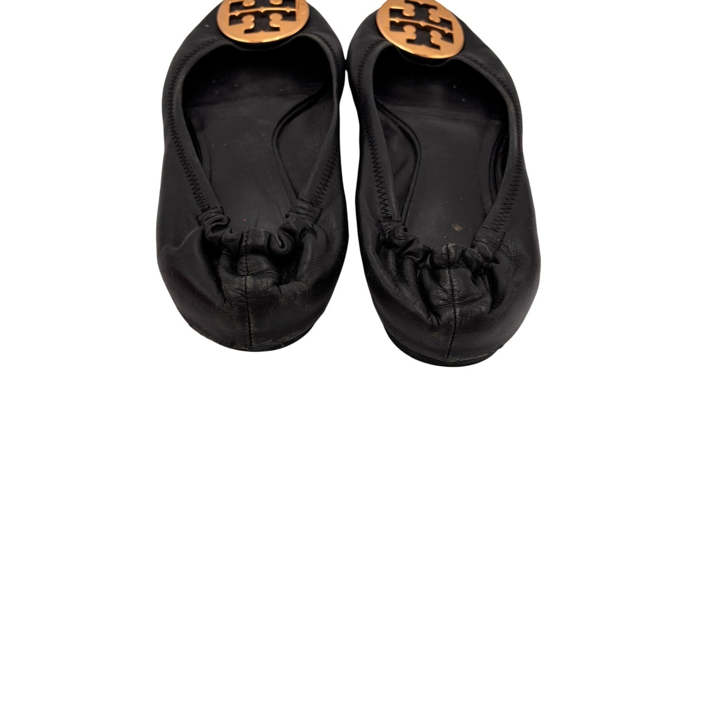 Tory Burch Reva Black Leather Flats With Gold Emblem Size 9