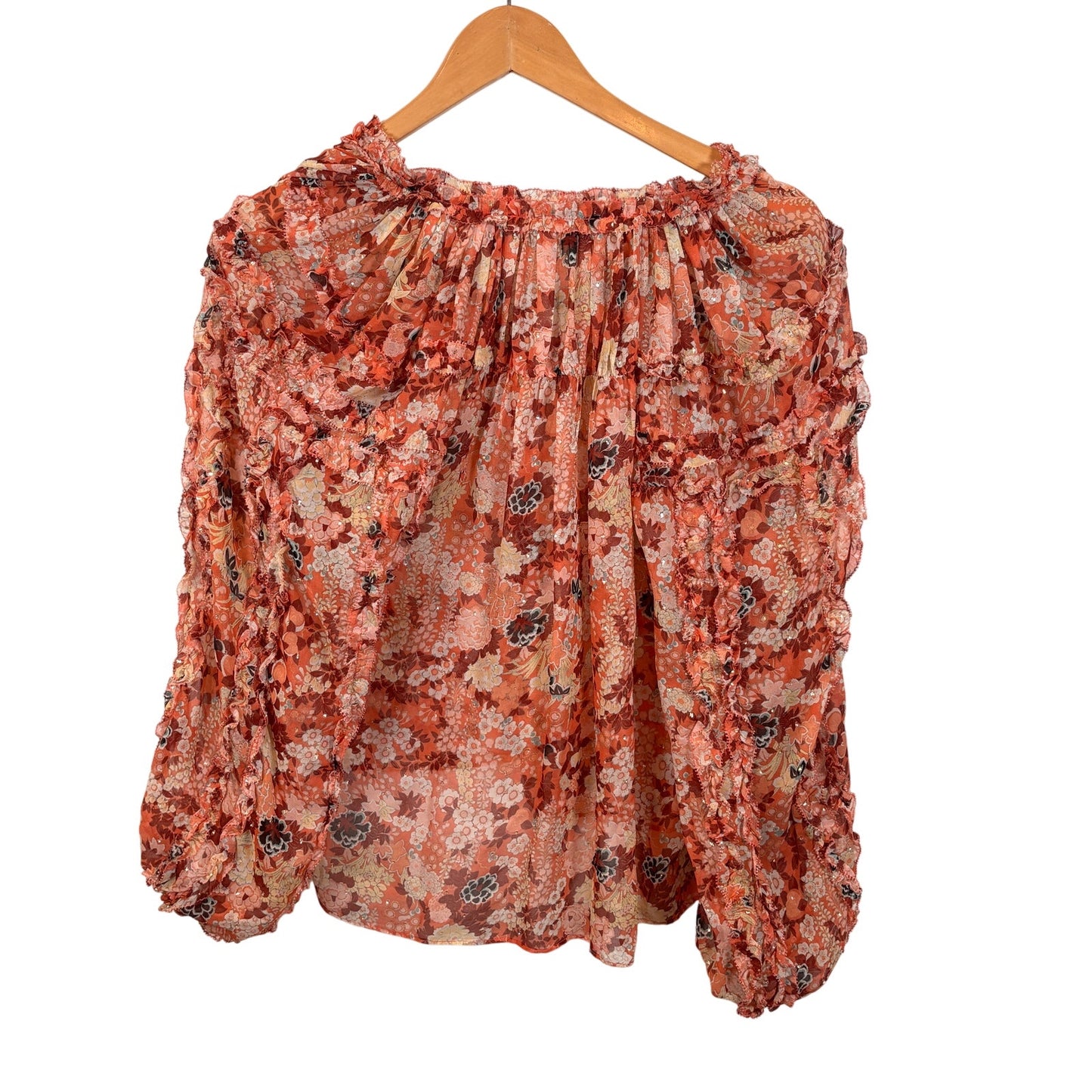 Ulla Johnson Adela Floral Silk Semi Sheer Balloon Sleeve Tasseled Top Women 2