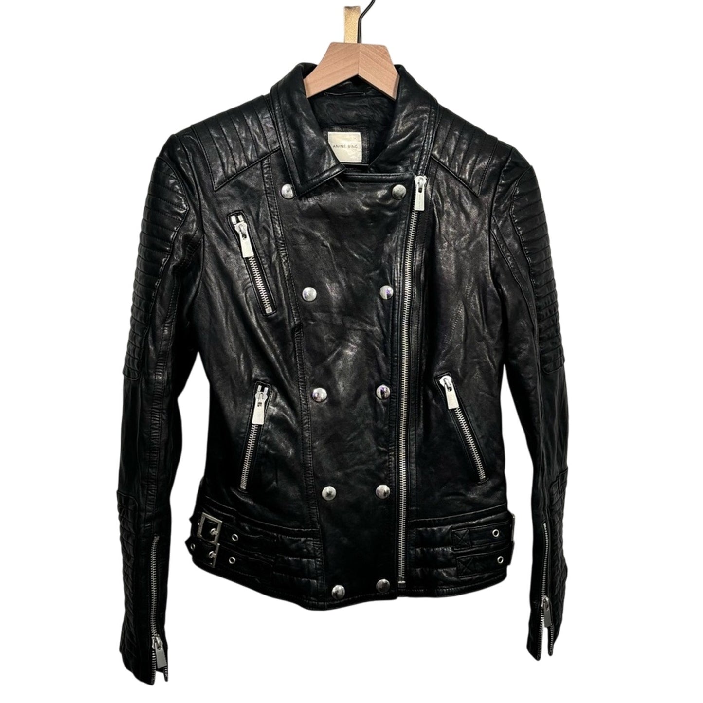 Anine Bing Grainy Leather Belted Biker Moto Jacket Small S