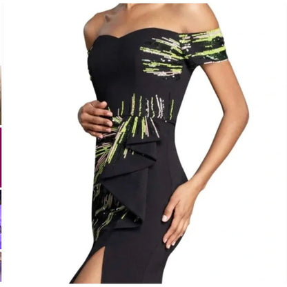 NEW Dress The Population Alani Sheath Sequin Gown Dress Off The Shoulder Small