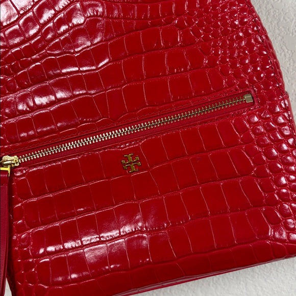 Tory Burch Red Croc Embossed Leather Backpack